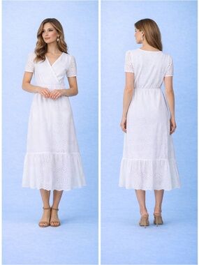 VALENTINA NALDI 100% Cotton Classic Dress White Eyelet Short Sleeve Midi XL